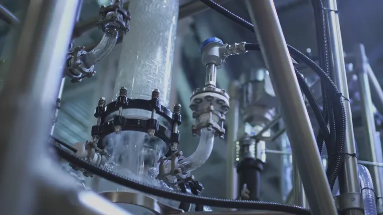 Close-up of industrial piping and equipment with flowing liquid, showcasing machinery used in various services.